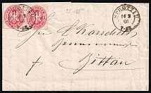 1866 (16 Feb) 1sgr Prussia, German States, Germany, Cover from Szprotawa to Zittau franked with Pair Mi. 16 a