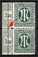 1945-46 50pf British and American Zones of Occupation, Germany, Pair (Mi. 32 var, DOUBLE Perforation, Margin, Plate Numbers)