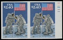 United States - Modern Errors and Varieties - 1989, 20th Anniversary of the Moon Landing, $2.40 multicolored, right sheet margin plate No.11211 horizontal imperforate pair, full OG, NH, VF, C.v. $350, Scott #2419b…