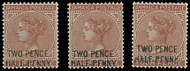 British Commonwealth - Jamaica - 1890, Queen Victoria, 3 stamps with black error surcharge ''TWO PENCE. HALF-PFNNY'' on 4p red brown, one in addition with broken ''T'' in ''TWO'', the other one has broken ''K'' for ''Y'', all …