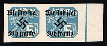 1938 50h on 5h Occupation of Rumburg, Sudetenland, Germany, Pair (Mi. 25, Margin, Blue Control Strip, MNH)