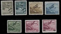 Worldwide Air Post Stamps and Postal History - Liechtenstein - 1930, Airplane over Mountains and Vaduz Castle, 15rp-1fr, complete set of six, in addition black surcharge 60rp on 1fr lake, full OG, NH, VF, C.v. $648, Est. …