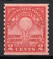 1929 2c Electric Golden Light's Jubilee Issue, United States, USA, Rotary Press Coil Stamp (Scott 656, Perforation 10, CV $20)