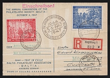 1947 (5 Oct) Augsburg - Munich, The Annual Convention of the Philatelistic Society - Baltia, Baltic DP Camp, Displaced Persons Camp, Allied Zone of Occupation, Registered Postcard franked with Mi. 965, 966 (Germany) (Commemorative Cansellation, CV $120)