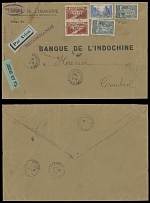 France - 1932, Port du Gard 20fr red brown, vertical pair of type I, used on air mail cover from Paris to Hanoi via Amsterdam, transit and arrival markings, mostly VF, Est. $150-$200, Scott #253…