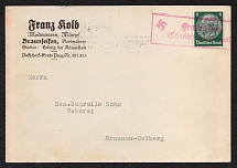 1938 (Dec 25) Card shipped from BRAUNSEIFEN (Brunzejf) to BRAUNAU. Framed red postmark of the liberation. Occupation of Sudetenland, Germany