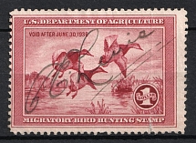 1935 1d Hunting Permit Stamp, United States, USA (Scott RW 2, Rose Lake, Full Set, Pen Cancellation, CV $160)