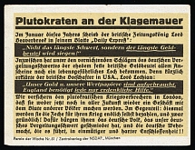 1933-45 NSDAP Nazi Rare Propaganda, 'The Plutocrat in the Complaint Wall', Slogan of The Week, Germany