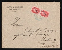 1908 (5 Nov) Offices in Levant, Russia, Cover from Istanbul to Berlin franked with pair of 20pa tied by scarce green-blue cds postmark