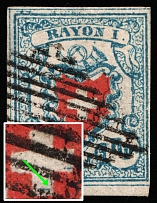1851 5r Switzerland (Mi 9II, Part of frame around Cross, Rare Print Error,, RARE, Canceled, CV $+++)