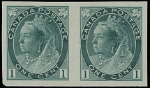 Canada - 1898, Queen Victoria Numeral issue, 1c paler green, horizontal imperforated pair printed on vertically wove paper, no gum as issued, NH, VF, Unitrade #75vi, …