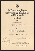 1942 Germany Third Reich, Certificate of award with the Iron Cross