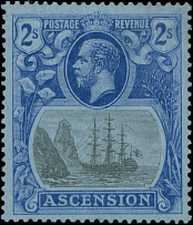 British Commonwealth - Ascension - 1924, King George V and Seal of the Colony, 2s blue and gray black on blue paper, Cleft Rock variety, nice and fresh, full OG, LH, VF, SG #19c, C.v. £700, Scott #19 var…