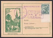1938 (Oct 6) Postcard with special postmark from KRATZAU (Chrastava). Commemoration of the passage of the Fuhrer in this locality during his trip to the Sudetenland. Occupation of Sudetenland, Germany