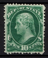 1873 10c Jefferson, Official Mail Stamp 'State', United States, USA (Scott O62, Dark Green, CV $250)