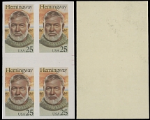 United States - Modern Errors and Varieties - 1989, Ernest Hemingway, imperforate proof of 25c multicolored in block of four with horizontal gutter, very slight fold along the gutter, otherwise full OG, NH, VF and rare, C.v. …