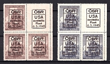 1945 Plzen, Czechoslovakia, Local Revolutionary Overprints 'CSR USA Osvobodila Plzen 6. 5. 1945', Blocks of Four