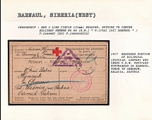 1917 Response Portion of Bilingual (Russian, German) Red Cross P.O.W. Postcard postmarked in Barnaul, Tomsk to Chronohw, Galacia, Austria. BARNAUL Censorship: Red 3 line circle (31 mm) reading, outside to centre