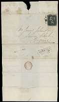 Great Britain - 1841 (January 22), Penny Black (plate 6), letter ''Q F'', close margins at right and bottom left, cancelled by black Maltese Cross on entire letter from Kirkmichael Sawmill to Irvine, two boxed markings, one is …