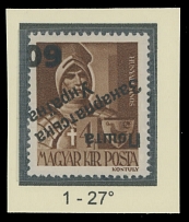 Carpatho - Ukraine - The Second Uzhgorod issue - 1945, inverted black surcharge ''60'' on J. Hunyadi 4f brown, surcharge type 1 under 27 degree angle, full OG, NH, VF and rare, 15 stamps of all surcharge types were produced, …