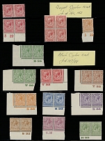 Great Britain - 1924, King George V, 1p x3 and 2p with Royal Cypher watermark; and 1p-9p with Block Cypher watermark in 10 bottom sheet or corner sheet plate number horizontal pairs and 7 plate number blocks of four, all with …