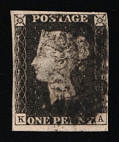 1840 1d Victoria Penny Black 'KA', Great Britain (Stanley Gibbons 2, Used, CV $360)