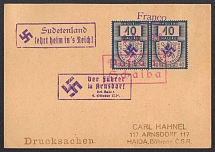 1938 (Oct 3) Postcard posted to SCHAIBA. Purple postmarks 'The Sudetenland returns to the Reich' and 'The Fuhrer to ARNSDORF'. Occupation of Sudetenland, Germany