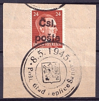 1945 24pf Teplice-Sanov, Czechoslovakia, Local Revolutionary Overprints 'Csl. posta' (Teplice-Sanov Postmark)
