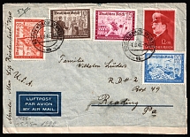 1941 (1 Aug) Third Reich, Germany, Airmail Censored Cover from Reichenbach to Reading (USA) with mixed franking (Mi. 706 - 707, 709, 711, 772, 623 - 625, CV $50)