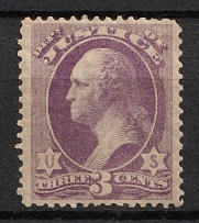 1873 3c Washington, Official Mail Stamp 'Justice', United States, USA (Scott O27, Purple, Signed, CV $140)