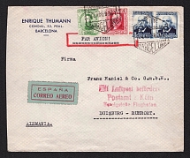 1936 (24 Aug) Spain Airmail cover from Barcelona to Duisburg (Germany) via Cologne, with airmail handstamp