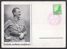 1938 (Oct 3) Postcard with the image of Chancellor Hitler posted in BUNAUBURG bound for BERLIN. Red round postmark with 'Liberation Day'. Occupation of Sudetenland, Germany