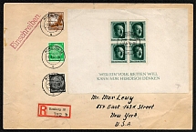 1937 Registered cover to New York franked with Scott Nos. 415, 418, B102 and C50. Posted in Hamburg, 3 June