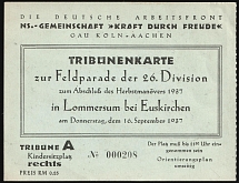 1937 (16 Sep) Cologne, Third Reich, Germany, Tribune Ticket for the Field Parade of the 26th Division