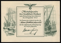 1940 Certificate for metalwork in the war effort awarded to Gottleib Menschke.