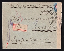 1916 (22 Aug) Russian Empire, Latvia, Registered Censored cover from Riga to Copenhagen via Petrograd, with Petrograd and Riga censor's handstamps