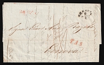 Russian Empire, Stampless Letter from Odessa to Genoa (Italy) ('Odessa' postmark, Red 'T.A.3' and '8.8BRE.' markings)