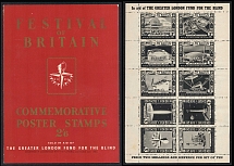 1951 Festival of Britain, 'In Aid of The Greater London Fund for the Blind', Great Britain, Stock of Cinderellas, Non-Postal Stamps, Labels, Advertising, Charity, Propaganda, Full Sheet