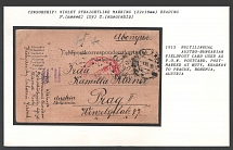 1915 Multilingual Austro-Hungarian Fieldpost Card used as P.O.W. Postcard, Postmarked at Huty, Kharkov to Prague, Bohemia, Austria. Censorship: violet straightline marking (22 x 18 mm) reading