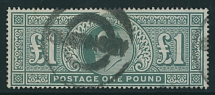 Great Britain - 1902, King Edward VII, £1 dull blue green, watermark Three Crowns, double ringed Grimsby cancellation, F/VF, SG #266, £825, Scott #142…