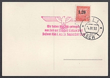 1938 (Sept 30) ASCH Liberation card with commemorative big red eagle and cancellation by bilingual stamp. Occupation of Sudetenland, Germany