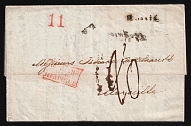 1837 (25 Jul) Russian Empire, Stampless Letter from Odessa to Marseille (France) ('Autriche par Huningue' boxed two-line postmark, Red '11' marking, Double CDS on back side)