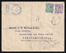 1920 GB UK Military Mail ARMY POST OFFICE registered cover with British Consulate seal, envelope with printed back address Levant Co. Odessa to CONSTANTINOPLE British P.O. Turkey