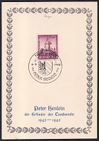 1942 (6 Sep) 'Peter Henlein - the Inventor of the Pocket Watch', Third Reich, Germany, Souvenir Sheet franked with Mi. 819 (Special Cancellation NUREMBERG)