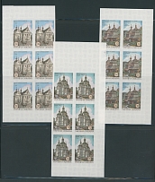 Modern Ukraine - Imperforate Errors and Varieties - 2000, Churches, 30k, 30k and 70k, imperforate complete set of three in three-side margin blocks of six (2x3) printed on watermarked Braiding paper, folded along margins, stamps …