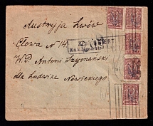 1918 Ukraine, Russian Civil War Censored cover from Kyiv to Lviv (Lemberg, Austria-Hungary occupation), total franked with 25k tridents of Kyiv 2 Blue overprint, with censor #209 handstamp and label on the back