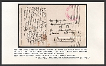 Picture post card of Brody, Galacia, used as field post card, postmarked 1.IV.15 at Lwow (Lemberg), Galacia, with  Kiev machine transit cancellation, to Petrograd, Russia. BRODY Red cross cachet: Russian red circle (34 mm) reading