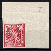 1881-1906 10pf Wurttemberg, Germany, Official Stamp (Mi. 203 b P U, Proof, Corner Margins, Signed, CV $90, MNH)