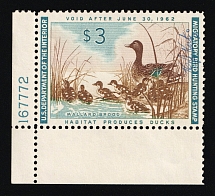 1961 $3 Duck Hunt Permit Stamp, United States (Sc. RW-28, Plate Number, Corner Margins, CV $100, MNH)