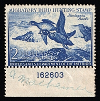 1952 $2 Duck Hunt Permit Stamp, United States (Sc. RW-19, Plate Number, CV $90, MNH)
